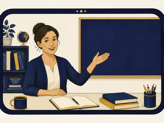 A friendly teacher mid-explanation, gesturing toward a slate inside a rounded video window.