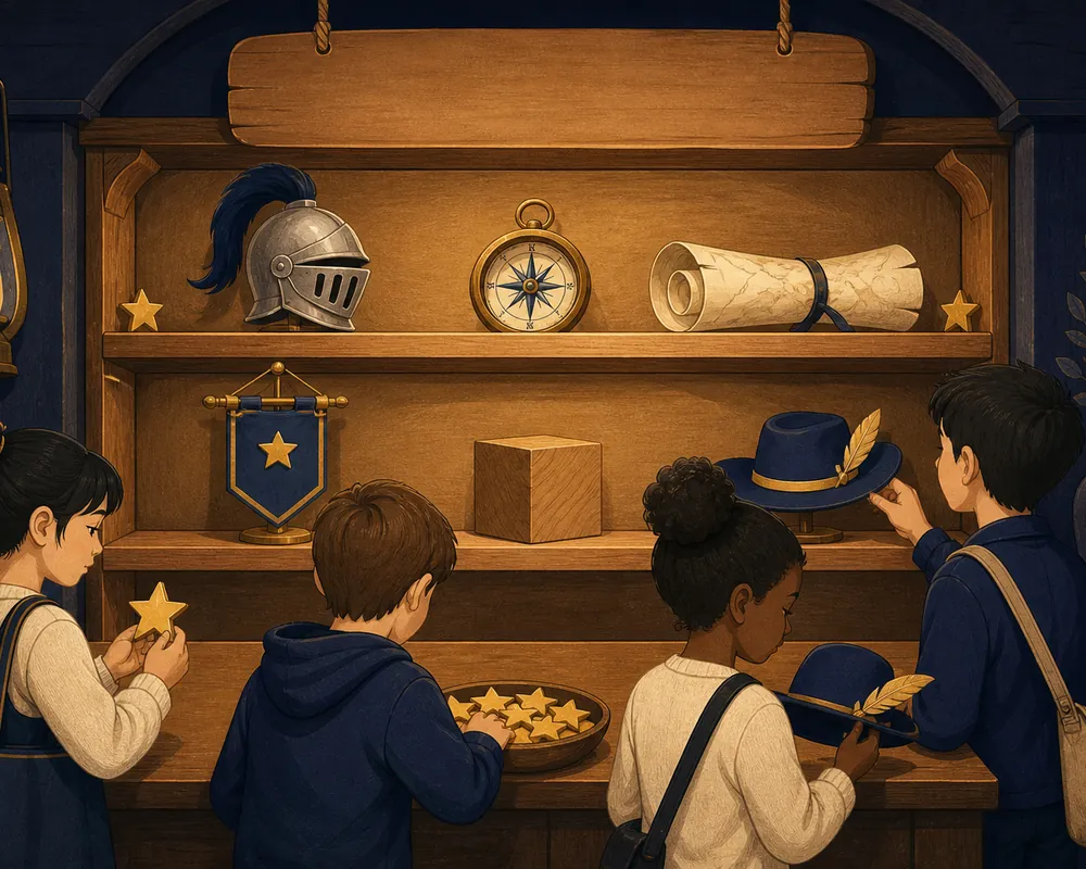 A warm wooden Star Store shelf stocked with rewards — a knight's helm, a compass, a rolled map, a banner, a wooden cube, and a hat — with a dish of gold stars on the counter.