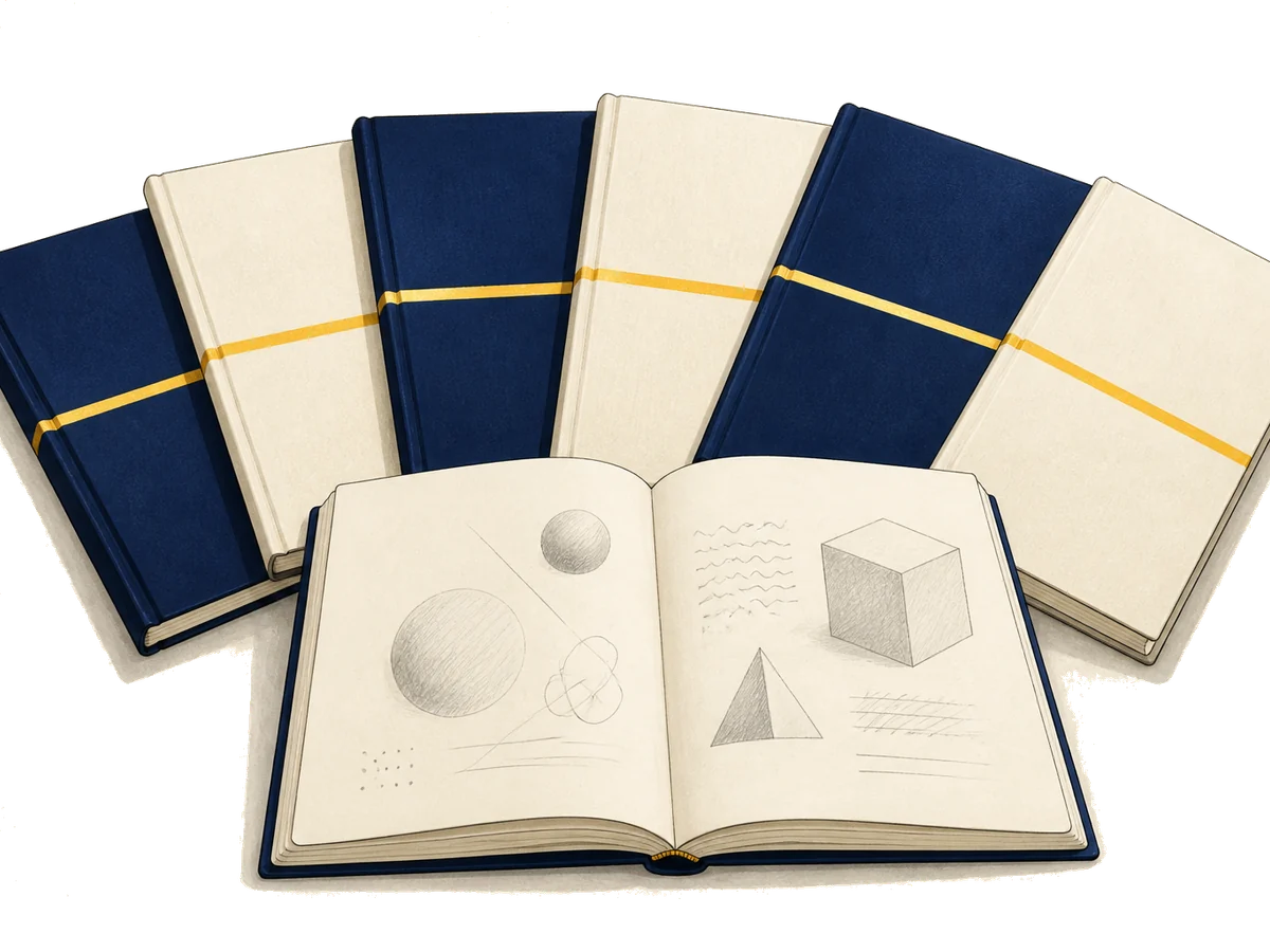 A family of printed workbooks fanned out, one lying open at the front